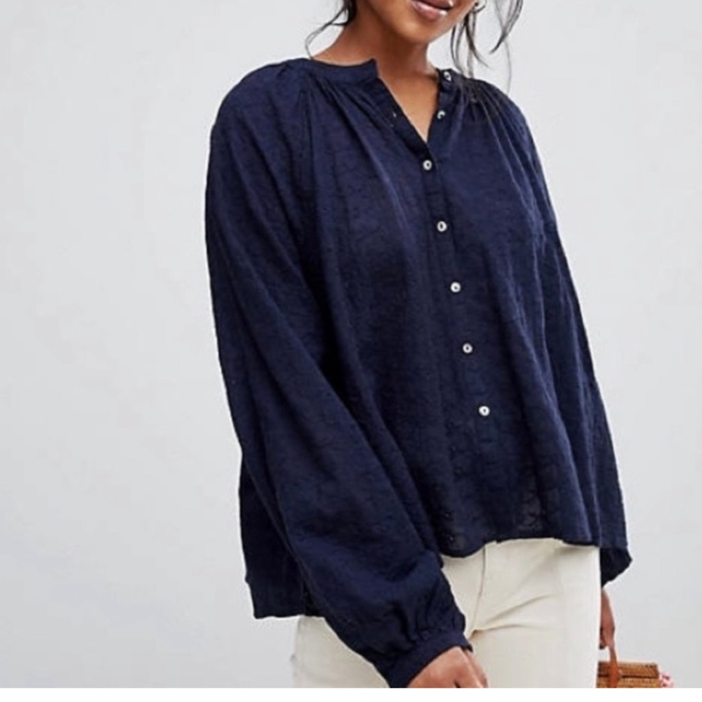{Free People} From the Clouds Peasant Eyelet Blouse in Navy - Women's Small - Picture 2 of 13